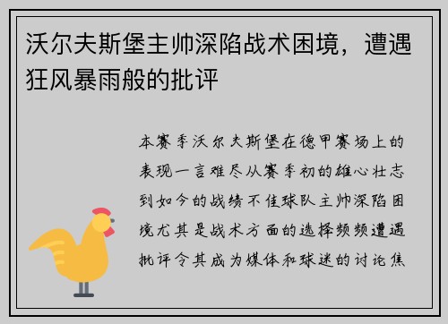 沃尔夫斯堡主帅深陷战术困境，遭遇狂风暴雨般的批评