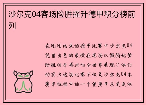 沙尔克04客场险胜擢升德甲积分榜前列